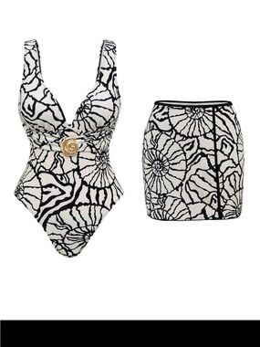 Black & White Shell-Print One-Piece Swimsuit with Gold Accent